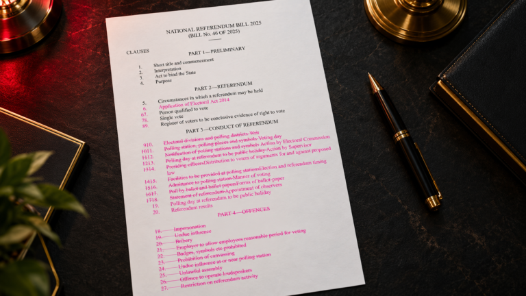 The revised National Referendum Bill 2025 displayed on a dark desk with gold and red accents