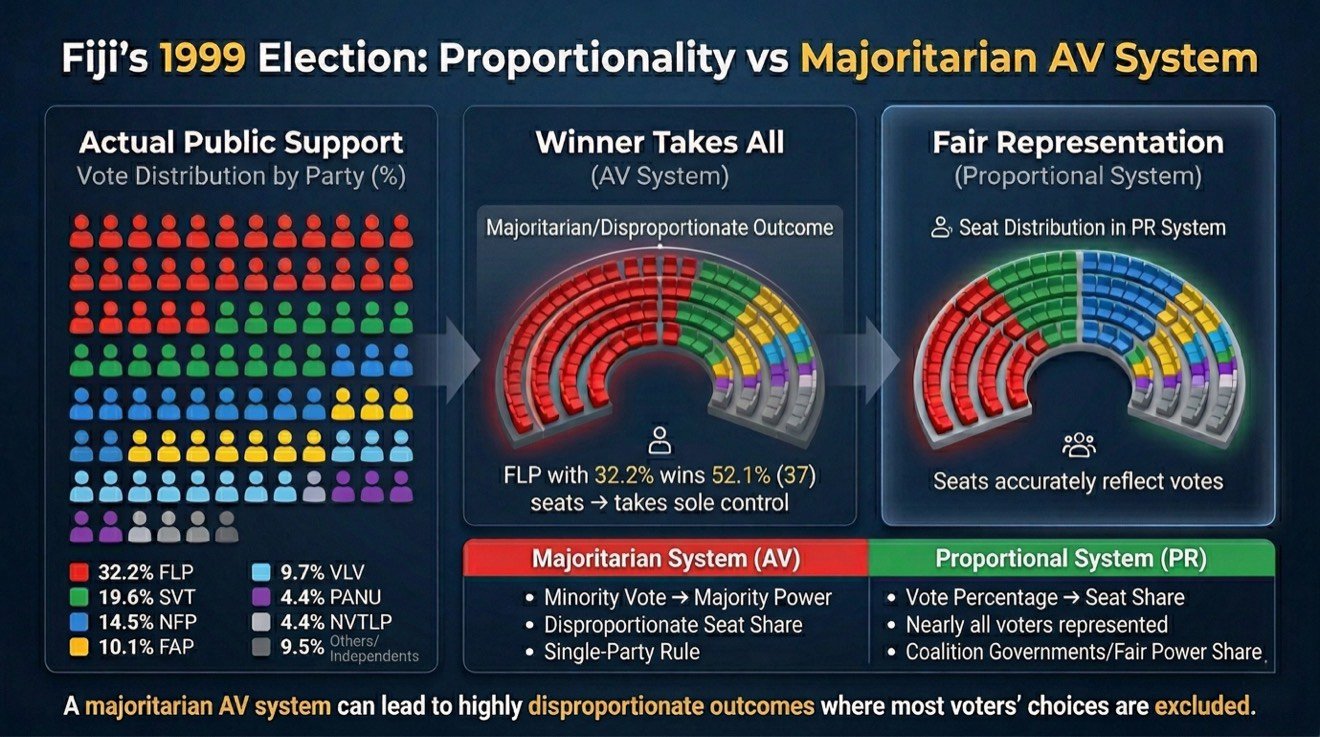 Fiji's 1999 election: how a majoritarian AV system produced a disproportionate outcome compared with a proportional system