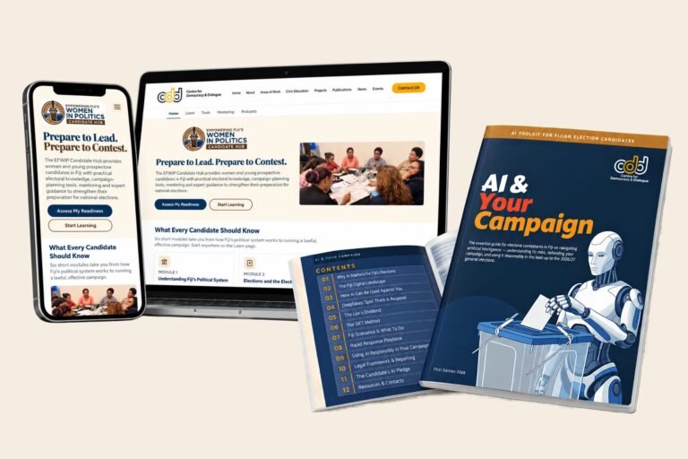 CDD’s Empowering Fiji’s Women in Politics Candidate Hub displayed on a laptop and phone beside the AI & Your Campaign toolkit