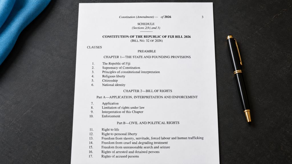 Constitution of the Republic of Fiji Bill 2026 displayed on a dark desk with a black and gold pen